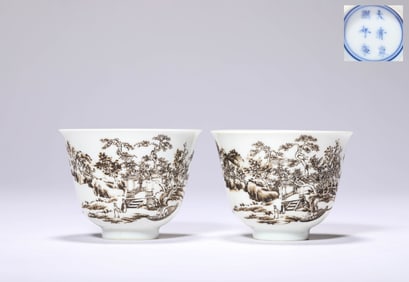 A Pair of Black 'Landscape-and-Figure' Cups