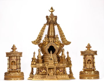 A Pair of Tibetan Royal Temple High-Grade Reliquary Stupa and Prayer Wheels