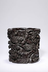 A Wooden 'Pine and Crane' Brushpot