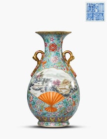A Turquoise-Ground Famille-Rose 'Landscape-and-Figure' Vase