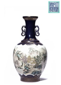 A Sacrificial-Blue Gilded Famille-Rose 'Landscape' Vase