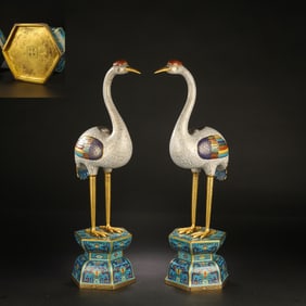 Pair of Bronze Cloisonne Carved Crane Shape Figure