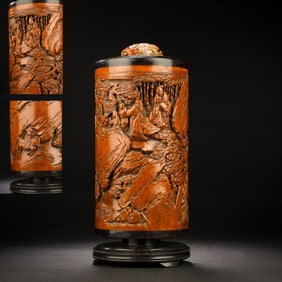 Red Sandalwood Inlaid Boxwood Carved Character Story Pattern Brush Pot