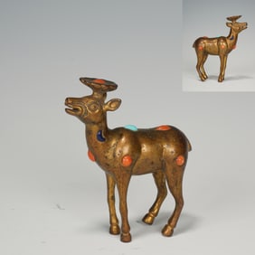 Gilt Bronze Inlaid Gem Stone Carved Deer Shape Ornament