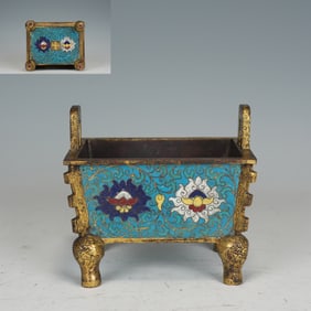 Bronze Cloisonne Carved Flower Pattern Double Ears Incense Burner