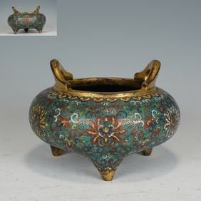 Bronze Cloisonne Carved Flower Pattern Double Ears Incense Burner