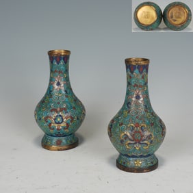 Pair of Bronze Cloisonne Carved Flower Pattern Vase