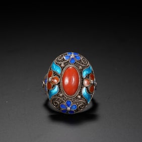 Silver Inlaid Gem Stone Carved Flower Pattern Ring