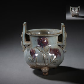 Lujun Ware Carved Flower Pattern Porcelain Double Ears Incense Burner