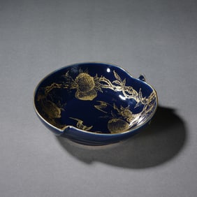 Bright Blue Glazed Gold Drawing Peach and Bat Pattern Porcelain Washer