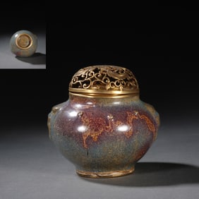Lujun Ware Inlaid Gilt Bronze Carved Flower Pattern Porcelain Incense Burner