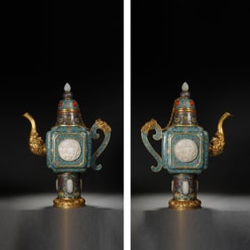 Bronze Cloisonne Inlaid Jade Carved Flower and Dragon Pattern Pot