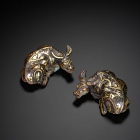 Pair of Chinese Bronze Gold and Silver Inlaid Carved Ox Shape Ornament
