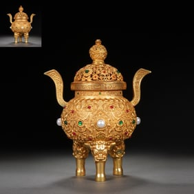 Gilt Bronze Inlaid Gem Stone Carved Flower Pattern Double Ears Incense Burner