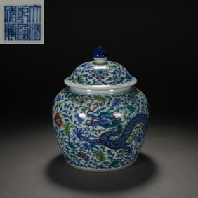 Doucai Flower and Dragon Pattern Porcelain Lid Pot