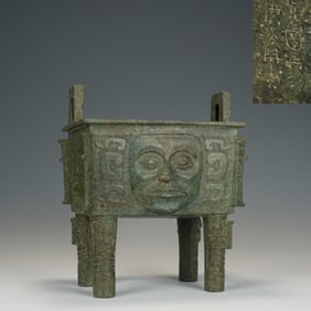 Chinese Bronze Carved Beast Face Pattern Double Ears Ding