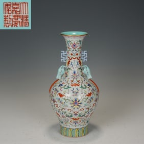 Famille Rose Flower and Bat Pattern Porcelain Double Ears Vase