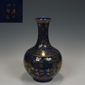 Bright Blue Glazed Gold Drawing Dragon Pattern Porcelain Vase