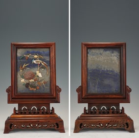 Lapis Inlaid Multi GemStone Carved Flower and Bird Pattern Table Plaque