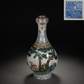 Famille Rose Pine Tree and Deer Pattern Porcelain Vase