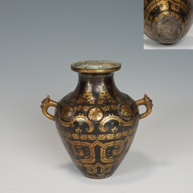 Bronze Gold Inlaid Carved Dragon Pattern Double Ears Zun