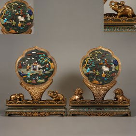 Pair of Bronze Cloisonne Inlaid Jasper Jade and Multi GemStone Carved Character and Elephant Pattern