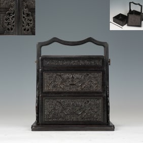 Red Sandalwood Carved Bat Pattern Food Tray Box