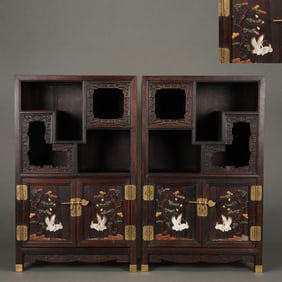 Pair of Red Sandalwood Inlaid Multi GemStone Carved Pine Tree and Crane Pattern Cabinet