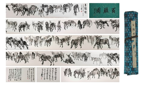 Chinese Drawing Donkey Hand Scroll,Huang Zhou Mark