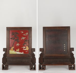 Lacquerware Inlaid Multi GemStone Carved Pine Tree and Crane Pattern Table Plaque