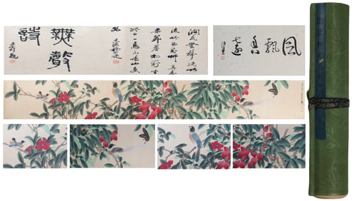 Chinese Drawing Flower and Bird Hand Scroll,Xie Zhiliu Mark