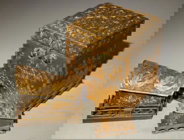 Group of Three Gilt Bronze Carved Flower and Character Story Pattern Lid Box and Coffin