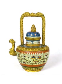 Bronze Cloisonne Carved Flower Pattern Phoenix Shape Handle Pot