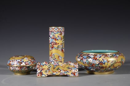Group of Four Enamel Drawing Dragon Pattern Porcelain Lid Box and Washer & Arm Rest & Brush Pot