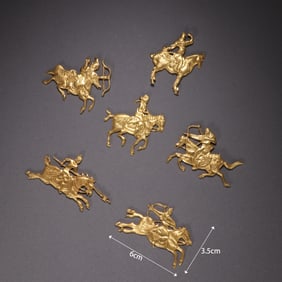 Group of Six Gilt Silver Carved Horse and Character Pattern Ornament