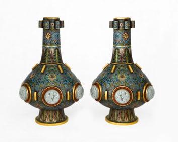 Pair of Bronze Cloisonne Carved Flower and Dragon Pattern Vase