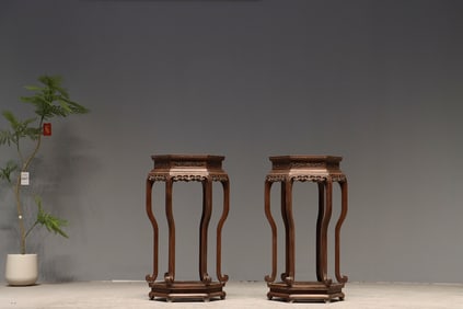 Pair of Huanghuali Wood Carved Flower Pattern Table
