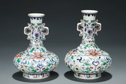 Pair of Doucai Flower Pattern Porcelain Double Ears Vase