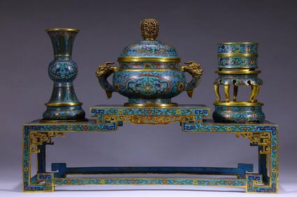 Group of Four Bronze Cloisonne Carved Flower and Dragon Pattern Vase and Flower Pot & Incense Burner