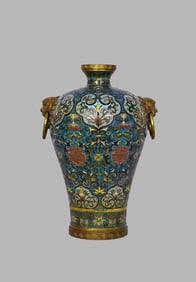 Bronze Cloisonne Carved Flower Pattern Double Lion Ears Vase