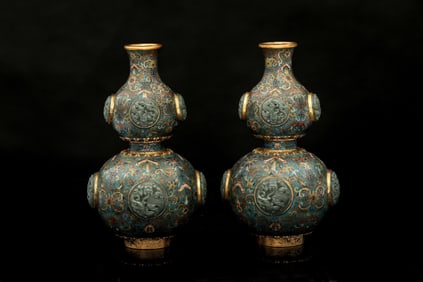 Pair of Bronze Cloisonne Inlaid Jade Carved Flower and Dragon Pattern Gourd Shape Vase