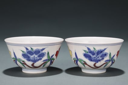 Pair of Doucai Flower Pattern Porcelain Cup