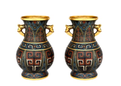 Pair of Bronze Cloisonne Carved Beast Face Pattern Double Dragon Ears Vase
