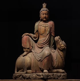 Wood Colour Painted Manjushri Figure