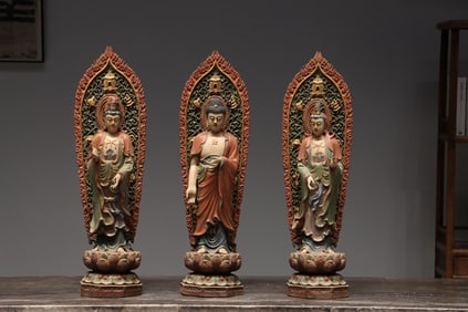 Group of Three Nan Wood Colour Painted Avalokitesvara and Amitabha & Mahasthamaprapta Figure