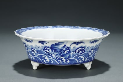 Blue and White Beast and Sea Wave Pattern Porcelain Washer