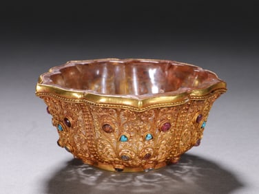 Pair of White Crystal Inlaid Gilt Silver and Gem Stone Carved Flower Pattern Bowl