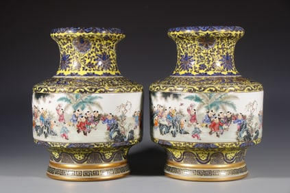 Pair of Blue and White Famille Rose Playing Children Pattern Porcelain Vase