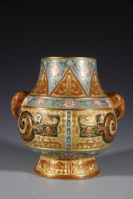 Famille Rose Carved Beast Face Pattern Porcelain Double Elephant Ears Vase