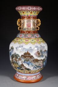 Famille Rose Landscape Pattern Porcelain Double Ears Vase